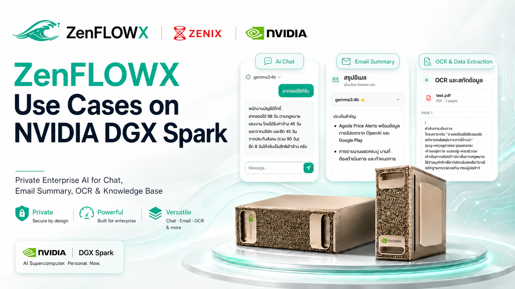 ZenFLOWX use cases on NVIDIA DGX Spark for AI chat, email summaries, and OCR